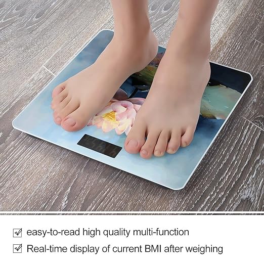Lotus Flower PaintingScale for Body Weight with LCD High Precision Weighing Scales Fashion Sturdy Tempered Glass Weight Scales Easy-to-Read Digital Bathroom Scale for Daily 400lb