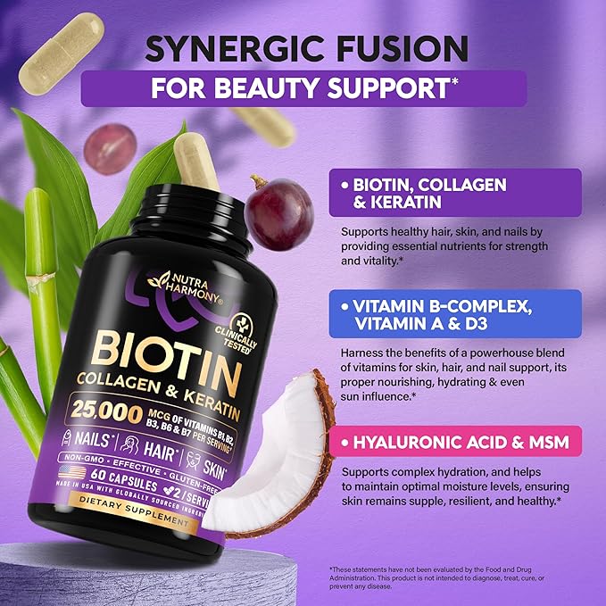 NUTRAHARMONY Biotin | Collagen | Hyaluronic Acid | Keratin - Support Normal Hair Growth Cycle - Skin &amp Nails - 25000mcg Vitamins B1 B2 B3 B6 &amp B7 - for Women &amp Men - Made in USA | 60 Ca