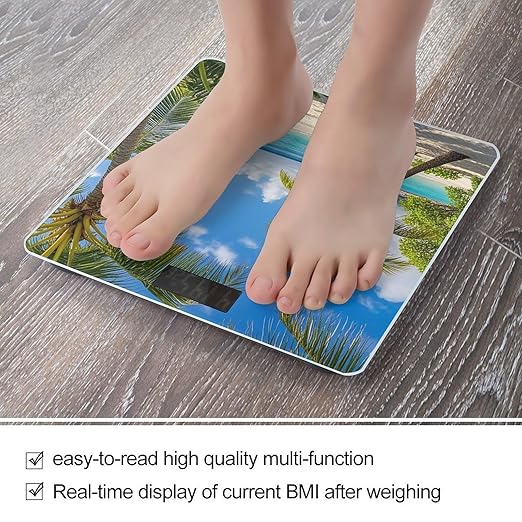 Tropical Palm Tree Hawaii Beach Bathroom Scale Automatic Power On/Off Body Scales LCD Backlight Display Square Digital Scale Rounded Corners Bathroom Scales for Home Bedrooms