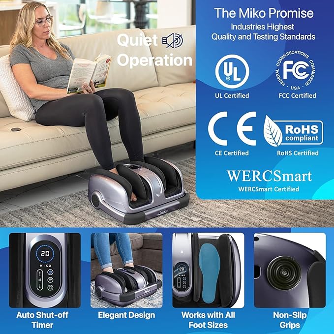 MIKO Shiatsu Foot Massager for Circulation &amp Pain Relief - Deep Tissue Kneading Heat Therapy for Plantar Fasciitis Neuropathy Diabetics - Fits Up to Size 15 - Charcoal