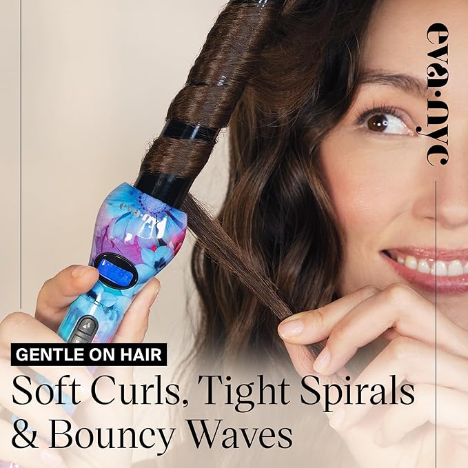 Eva NYC Healthy Heat Clip-Free Curling Wand Tourmaline-Infused Hair Curler with Far-Infrared Ceramic Wand Curling Iron Hair Wand Styling Tool with Adjustable Heat 1 Inch Floral Frenzy