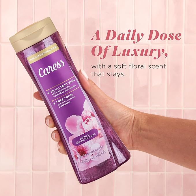 Caress Peony &amp Almond Blossom Body Wash Hyaluronic Acid &amp Vitamin B3 for Moisturized Silky Soft Skin Long-Lasting Floral Bouquet Fragrance 20 fl oz (4 Pack)