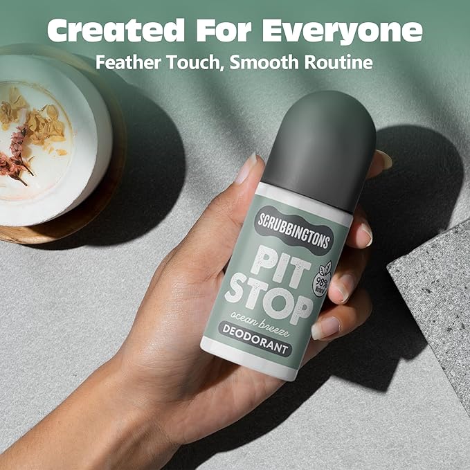 Scrubbingtons Pit Stop 98% Natural Deodorant For Women Men Roll On For Sensitive Skin Made in UK. Paediatrician approved Aluminium &amp Alcohol Free Vegan &amp Cruelty Free Ocean Breeze 75ml x