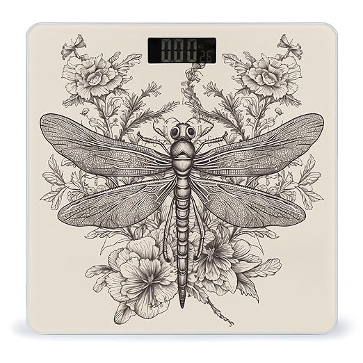 Hand Drawn Floral Dragonfly Scale for Body Weight Highly Accurate Digital Bathroom Scale Sturdy Tempered Glass Weighing Scales with LCD Display Fashion Body Fat Smart Scales 400lb