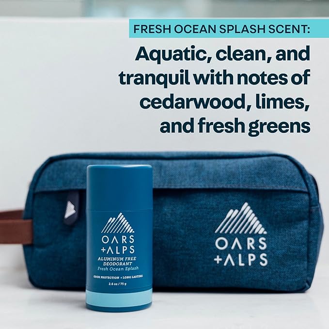 Oars + Alps Aluminum Free Deodorant for Men | Long Lasting Odor Protection Clear &amp Free of White Residue Anti-Chafing Smooth Glide Dermatologist Tested Fresh Ocean Splash 2pk 2.6oz