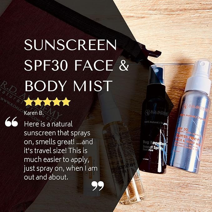 RD Alchemy - 100% Natural &amp Organic Sunscreen SPF30 Face and Body Mist - Travel Sized Non-Nano Chemical free Reef Safe Broad Spectrum UVA and UVB protection