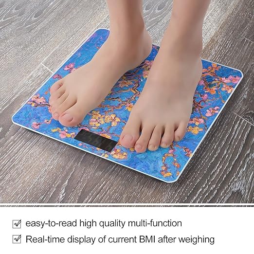 Small Peach Flowers Scale for Body Weight Sturdy Tempered Glass Weighing Scales with LCD Display Accurate Digital Bathroom Scale Convenient Body Fat Smart Scales Easy Read
