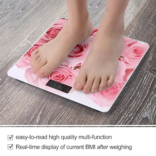 Pink Fresh Roses Bathroom Scale Large LCD Backlight Display Digital Scale Rounded Corners Body Scales Automatic Power On/Off Bathroom Scales for Home Bedrooms