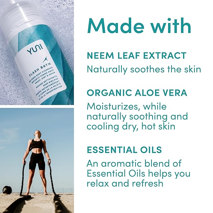 YUNI Beauty Waterless Body Wash (4 oz) - Rinse-Free Foaming Bath and Clean Body Wash Solution Instantly Remove Sweat Dirt Odor Travel Camping and Backpacking Essentials Paraben-Free Vegan