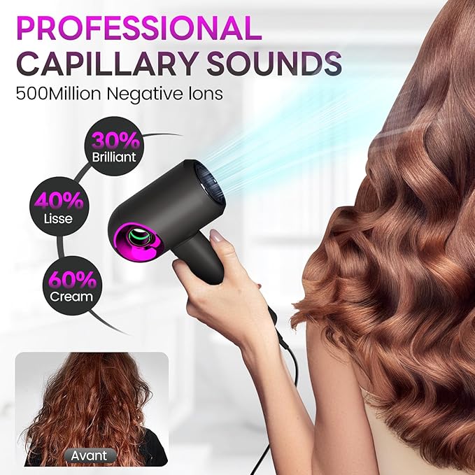 Hair Dryer High-Speed Ionic Low Noise Blow Dryer with Diffuser for Fast Drying Professional 504 Millions Negative Ionic Thermo-Control Hairdryer Travel with Magnetic Diffuser &amp Nozzle