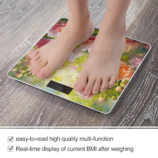 Bright Peonies Scale for Body Weight Anti-Slip Sturdy Tempered Glass Weighing Machine Highly Digital Accurate Bright LCD Bathroom Scale for Household Gift