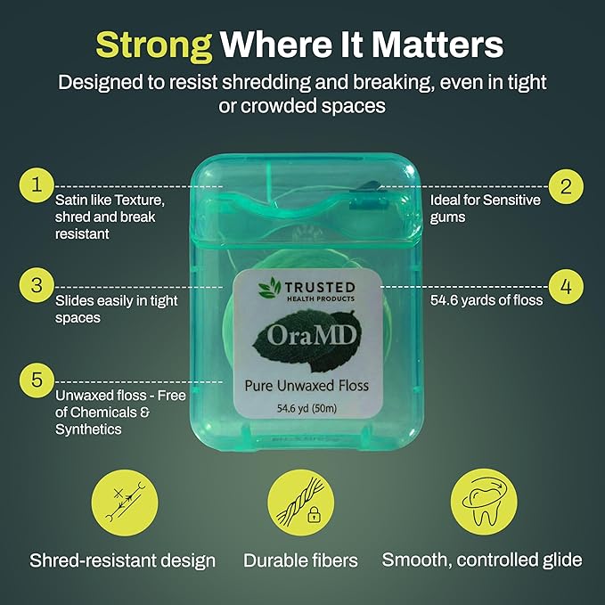 OraMD Oral Care Pure Unwaxed Dental Floss 54.6 Yards - PFAS-Free Chemical Free Shred Resistant - Unscented and Ultraclean Plaque Removal - Teeth and Gum Protection for Adults - Pack of 6