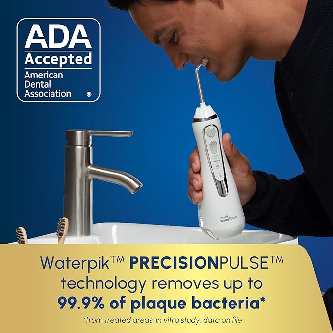 Waterpik Cordless Advanced 2.0 Water Flosser For Teeth Gums Braces Dental Care With Travel Bag and 4 Tips ADA Accepted Rechargeable Portable and Waterproof White WP-580 Packaging May Vary