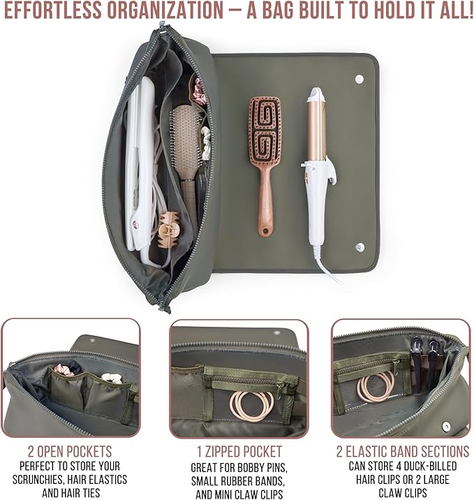 BAREFOOT CARIBOU Hair Tools Travel Bag and Heat Resistant Mat for Flat Irons Straighteners Curling Iron and Haircare Accessories 2-in-1 design with Interior Pockets Portable Organizer
