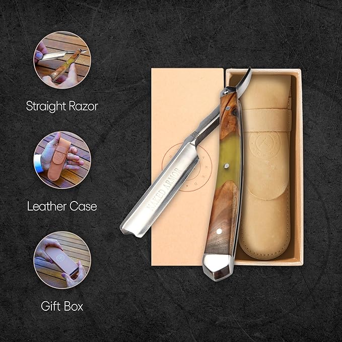 Naked Armor Professional Straight Razor for Men - Shave Ready 7/8 Japanese Stainless Steel Barber Razor - Griflet Straight Edge Razor with Sandalwood Handle Leather Travel Case &amp Gift Box