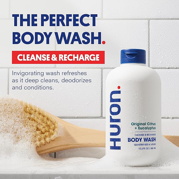 Huron Body Wash Scent Duo - Citrus + Eucalyptus &amp Sandalwood + Amber Scents - Men’s Body Wash - Made With Coconut Oil Vitamin E &amp Witch Hazel - Vegan Cruelty-Free - 2 Pack 12.2 fl oz