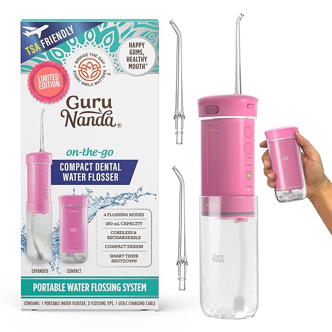 GuruNanda Compact Water Dental Flosser Portable Travel Size Oral Irrigator Flosser with Collapsible 180 ml Tank Smart Timer 4 Flossing Modes TSA-Friendly - Pink