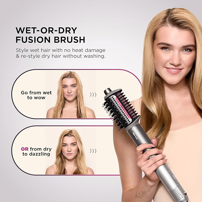 Shark FlexFusion Hair Dryer with Fusion Hair Brush Diffuser Ceramic Air Styler with Auto-Wrap Hair Curlers Ceramic Plates Metallic Mist HD642