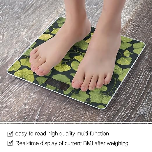 Ginkgo Biloba Scale for Body Weight Anti-Slip Tempered Glass Digital Bathroom Scales Clear LCD Display Weighing Scale Safe Rounded Corners Smart Scales