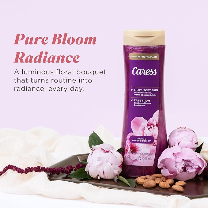 Caress Peony &amp Almond Blossom Body Wash Hyaluronic Acid &amp Vitamin B3 for Moisturized Silky Soft Skin Long-Lasting Floral Bouquet Fragrance 20 fl oz (4 Pack)