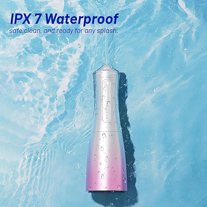 Water Dental Flosser Cordless with UVC Light 3 Modes Portable Oral Irrigator IPX7 Waterproof 300ML Tank Electric Teeth Cleaner for Tonsil Stones Home &amp Travel Use (Pink)
