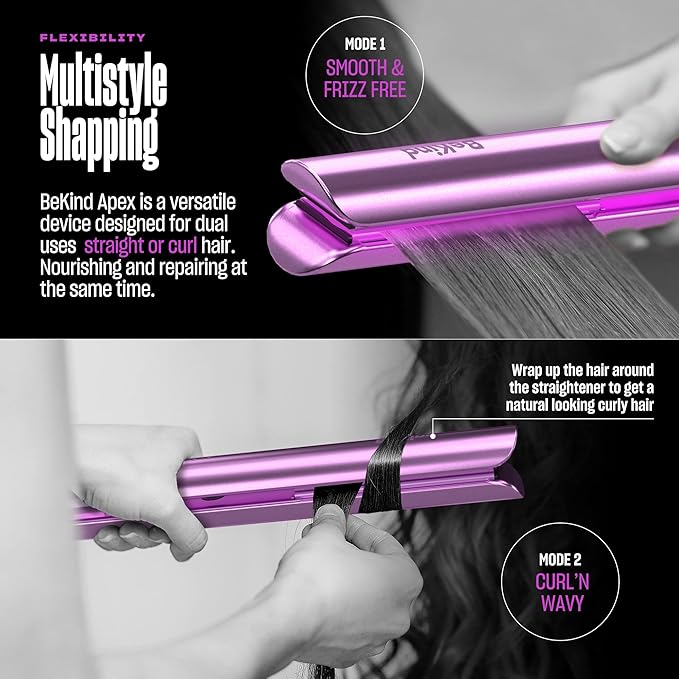 Bekind Apex 2-in-1 Hair Straightener Flat Iron | 1“ 460°F Straightener &amp Curler for All Hairstyles | UltraSmooth Tech | 15s Fast Heating &amp Temp Memory | Gift Set for Girls Women (Violet Bloom)