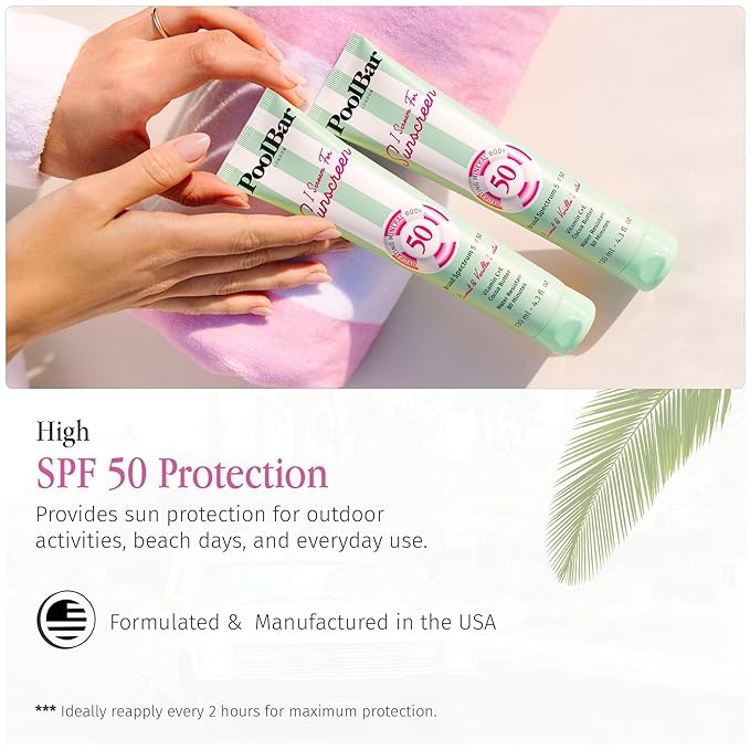 PoolBar SPF 50 Hydrating Mineral Body Sunscreen Cream for Women and Men Skin Care - Coconut Vanilla Scent Sun Care Vegan and Water Resistant Broad Spectrum Sunscreen 130 ml (4.3 Fl. Oz) (Pack of 3)