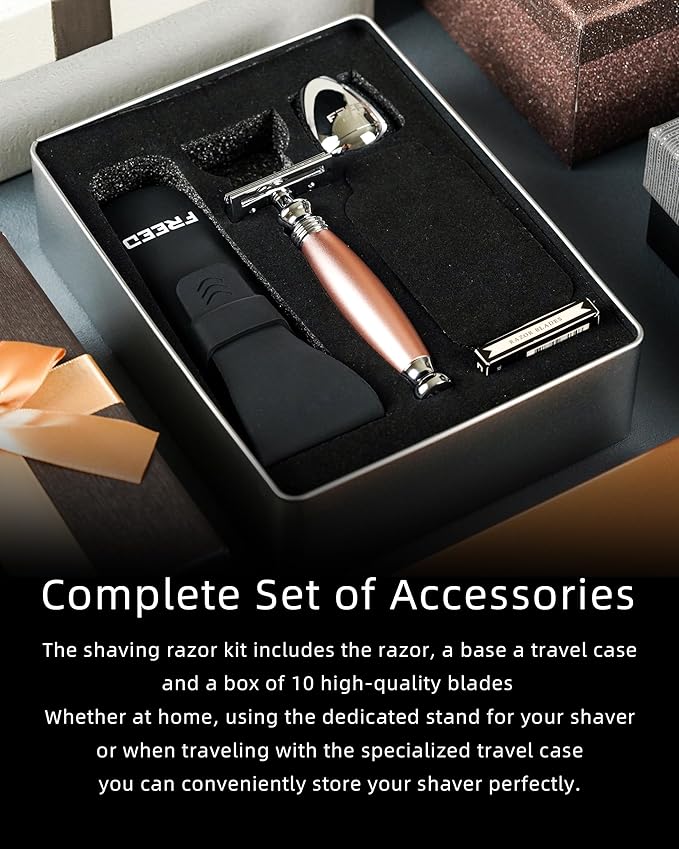 FREED Customized gifts Engraving Shaving Kit - Safety Razor with metal handle include razor base razor travel case and 10 bladesit's the best gift for men (Champagne gold)