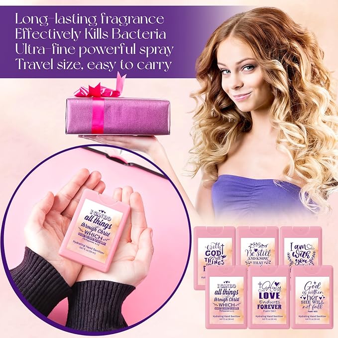 Frienda 24 Pcs Christian Gifts for Women Travel Size Hand Sanitizer Spray Bulk Mini Power Mist Religious Inspirational Gift for Baptism Christian Church Group Women's Day Easter Party Favor(Cute)