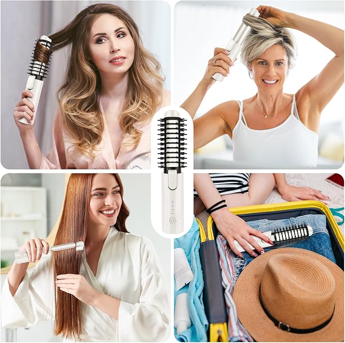 Cordless Curling Iron Brush Mini Travel Hot Straightener Comb Curl Brush Rechargeable 4 Temps Cordless Wand Blush with 200 Million Negative Ions for Curls Straightening Styling (White)