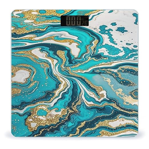 Turquoise Blue Gold Marble Bathroom Scale for Body Weight with High Precision Large LCD Backlight Display Digital Weighing Scale with BMI Capacity Up to 180kg