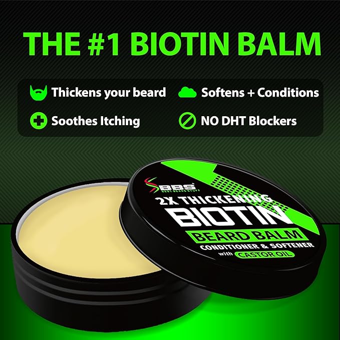 Beard Growth Kit w/ 2X Thickening Biotin Beard Balm &amp Conditioner + 6X Liquid Biotin w/ Collagen Peptides for Men's Beard &amp Hair Growth