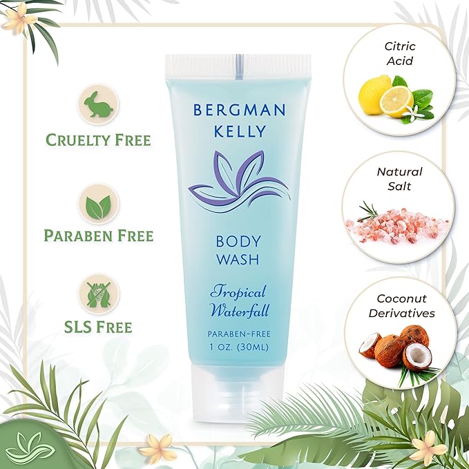 BERGMAN KELLY Travel Size Body Wash (1 fl oz 100 PK Tropical Waterfall) Delight Your Guests with an Invigorating and Refreshing Hotel Body Wash Mini and Small Size Guest Hotel Toiletries in Bulk