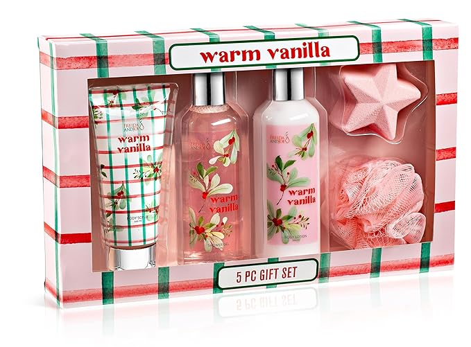 Fragrance Bath &amp Body Collection Gift Box Includes Shower Gel Body Lotion Body Scrub Bath Bomb &amp Sponge (Warm Vanilla - Pink) – Mother's Day Gift for Mom