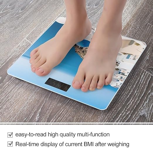 Santorini Greek Island Sea View Scale for Body Weight Sturdy Tempered Glass Weighing Scales with LCD Display Accurate Digital Bathroom Scale Convenient Body Fat Smart Scales Easy Read