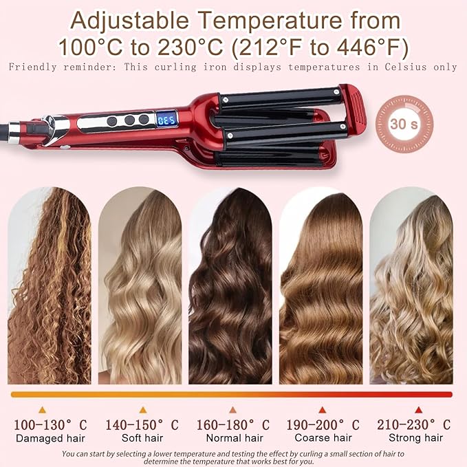 Wave Curling Iron 3 Barrel Hair Tool with Adjustable Temperature 100°C to 230°C for Women Fast Heating Anti-Scald 0.6 Inch Hair Crimper with Intelligent Power Off for All Hair Types (Red)
