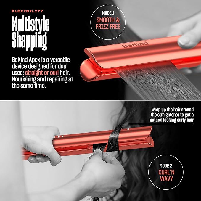 2-in-1 Hair Straightener Flat Iron by Bekind Apex | 1“ 450°F Straightener and Curler for All Hairstyles | UltraSmooth Tech | 15s Fast Heating &amp Temp Memory | Gift Set for Girls Women (Coral)
