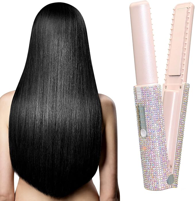 Hair Straightening Iron - Cordless Curler Portable Styler | Rechargeable Flat Tool Compact 2 in 1 Device with Ceramic Plates Professional Travel Accessory for Quick Heating Smooth Hairstyles