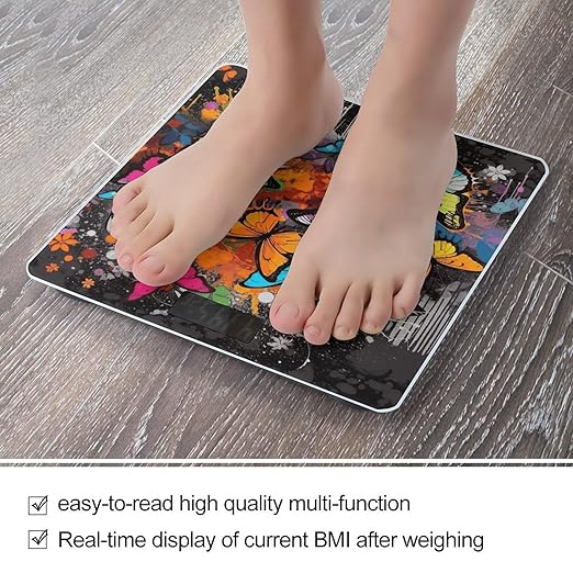 Art Graffiti Butterflies Print Bathroom Scale Automatic Power On/Off Body Scales LCD Backlight Display Square Digital Scale Rounded Corners Bathroom Scales for Home Bedrooms