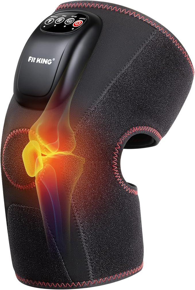 FIT KING Air Compression Knee Massager Heated Knee Brace Wrap with 3 Modes and 3 Intensities Shiatsu-Like Massage for Pain Relief Ideal Gifts for Men Women (Single)