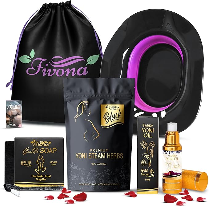 Fivona Yoni Care Kit 5 in 1 Feminine Steaming Set Includes Natural Oil Blend Sitz Bath Seat V Steaming Herbs Herbal Soap and Storage Bag - Effective Detox pH Balance Cleansing and Moisturizing