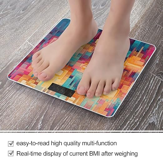 Colorful Square Pattern Digital Bathroom Scale for Body Weight with High Precision Digital Weighing Scale with BMI Clear LCD Display and Step-On Measures Weight Up to 180kg