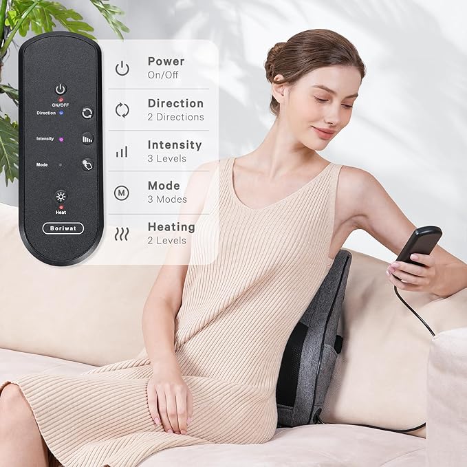 Boriwat Back Massager with Heat Neck Massager for Pain Relief Deep Tissue 3D Kneading Massage Pillow for Back Neck Shoulder Legs Gifts for Women Men Mom Dad