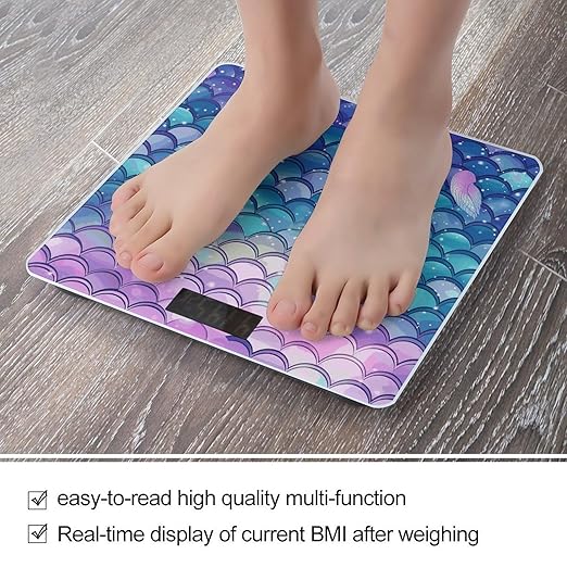 Water Lily Mermaid Scales Scale for Body Weight Anti-Slip Digital Bathroom Scale Sturdy Toughened Glass Weighing Scales High Precision Safe Rounded Corners Smart Scales