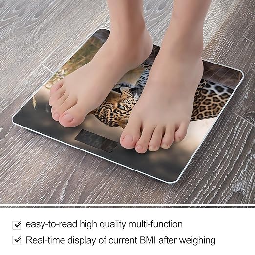 African Animal Leopard Scale for Body Weight Safe Rounded Corners Tempered Glass Digital Bathroom Scale LED Display 400lb Capacity Weight Scales with High Precision Sensors