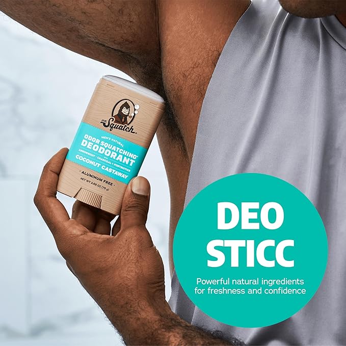 Dr. Squatch Natural Men’s Deodorant – Aluminum Free Natural Deodorant Men with Charcoal &amp Postbiotics for 72-Hour Odor Protection – Coconut Castaway 2.65oz Stick (3-Pack)