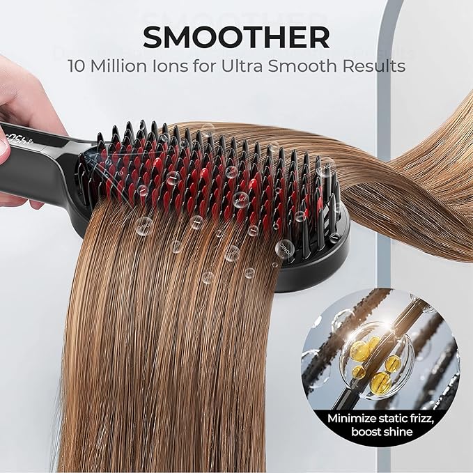 TYMO Hair Straightener Brush - Upgraded Ionic Plus Straightening Brush with Dense Bristles 16 Temps Dual Voltage | Ceramic Hot Comb for Women | Flat Iron for Thick Curly Hair Black
