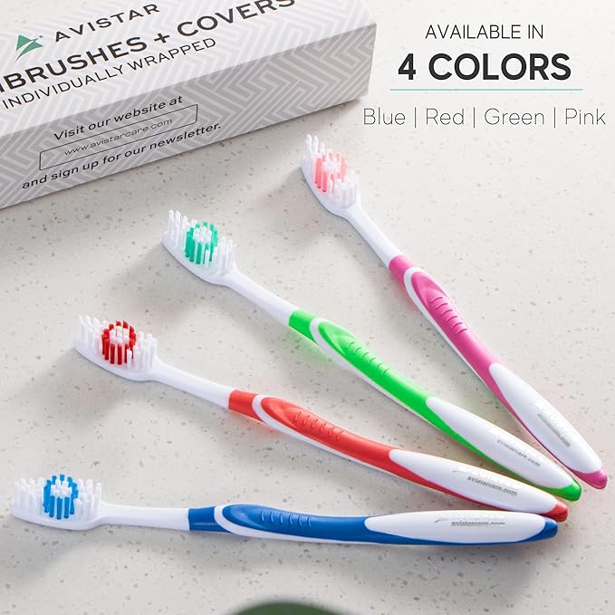 Avistar Dental Care Bundle: 450 Individually Wrapped Floss Picks (Multi-color) &amp 4 Medium Bristle Toothbrushes for Adults (Red) - Easy Grip &amp Convenient Oral Hygiene Kit for Travel Hotels &a