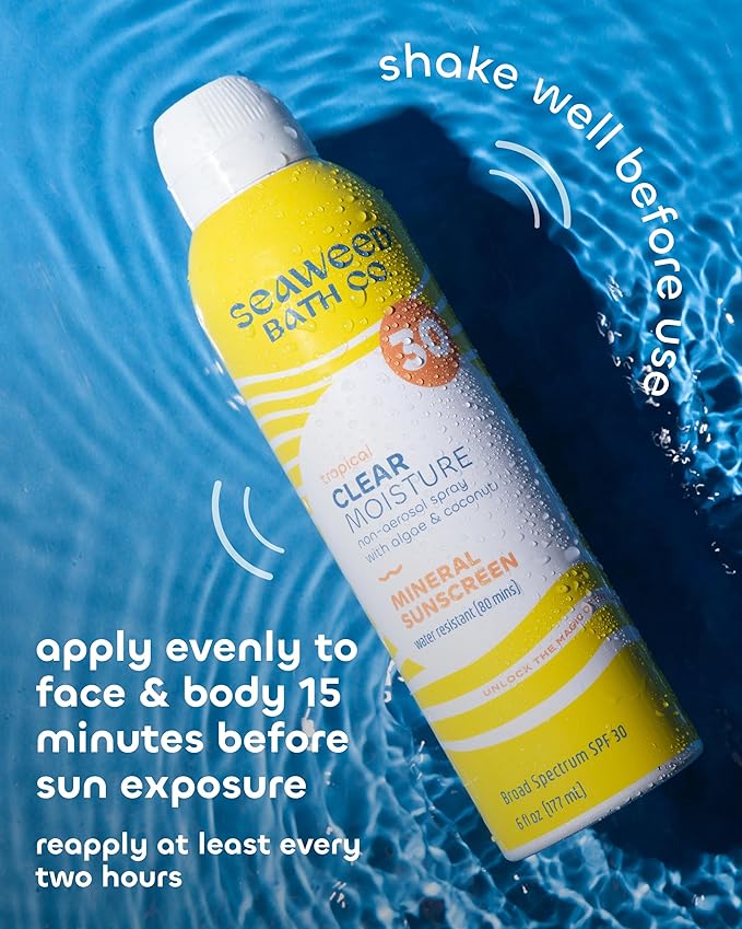 Seaweed Bath Co. Clear Moisture Mineral SPF 30 Broad Spectrum Sunscreen Spray - With Nourishing Algae Coconut &amp Hyaluronic Acid - Tropical Scented - 6 oz (Pack of 2