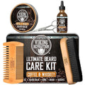 Viking Revolution - Ultimate Beard Kit Coffee and Whiskey - Beard Grooming Kit for Men with Beard Brush Beard Comb Beard Balm Beard Oil Beard and Moustache Scissors - Husband Gifts for Men